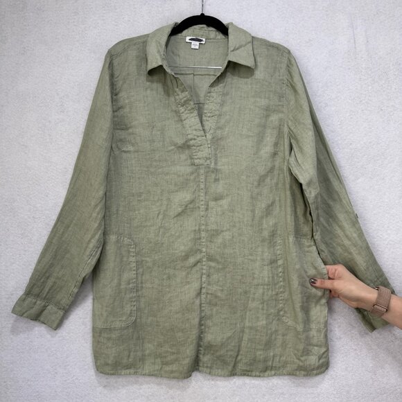 J jill Linen Tunic Shirt Womens Medium Sage Green Popover Long Sleeve Roll tab - Picture 2 of 11